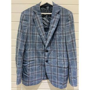 TMB Tombolini tweet blue check wool peak lapel 42R 2 buttons light weight blazer